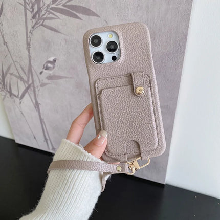 For iPhone 16 Pro Max Case Multi-Functional Card Slots Leather Back Cover with Wrist Strap