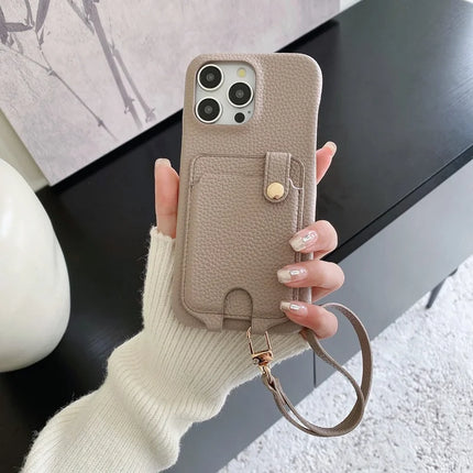 For iPhone 16 Pro Max Case Multi-Functional Card Slots Leather Back Cover with Wrist Strap