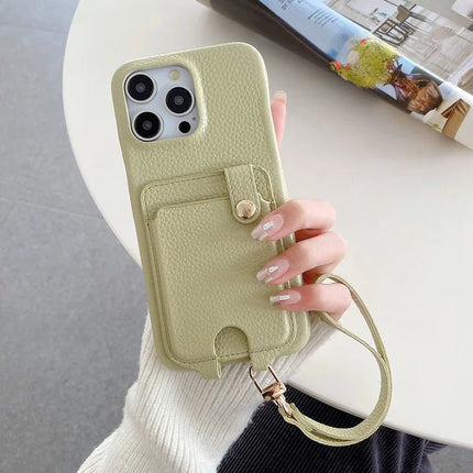 For iPhone 16 Pro Max Case Multi-Functional Card Slots Leather Back Cover with Wrist Strap - Green