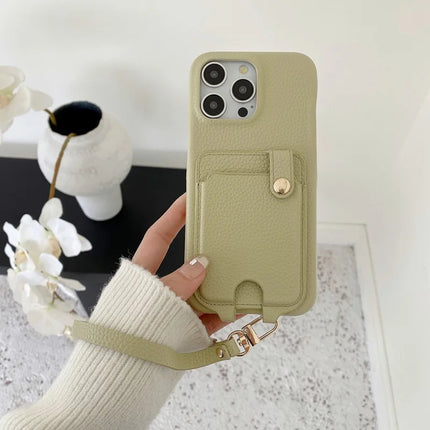 For iPhone 16 Pro Max Case Multi-Functional Card Slots Leather Back Cover with Wrist Strap