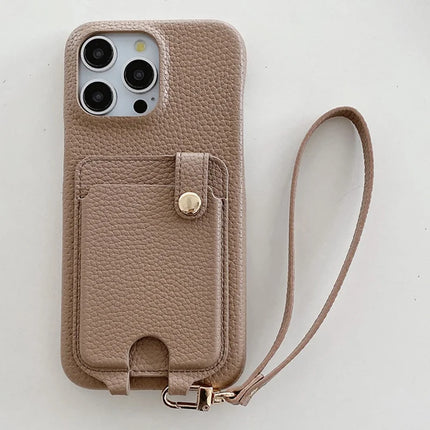 For iPhone 16 Pro Max Case Multi-Functional Card Slots Leather Back Cover with Wrist Strap