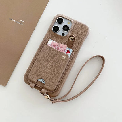 For iPhone 16 Pro Max Case Multi-Functional Card Slots Leather Back Cover with Wrist Strap