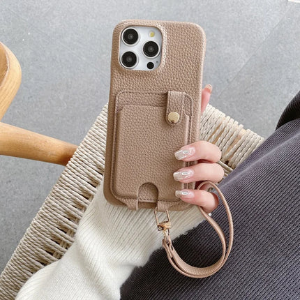 For iPhone 16 Pro Max Case Multi-Functional Card Slots Leather Back Cover with Wrist Strap