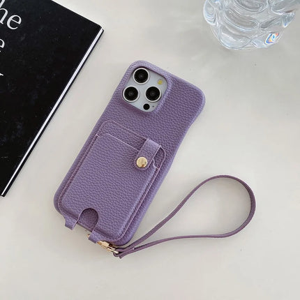 For iPhone 16 Pro Max Case Multi-Functional Card Slots Leather Back Cover with Wrist Strap