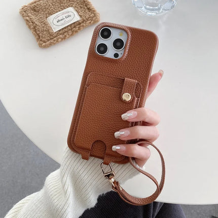 For iPhone 16 Pro Max Case Multi-Functional Card Slots Leather Back Cover with Wrist Strap - Dark Brown