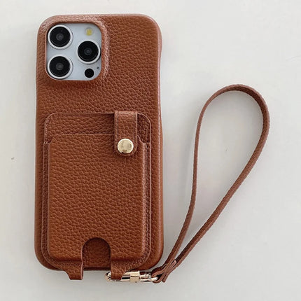For iPhone 16 Pro Max Case Multi-Functional Card Slots Leather Back Cover with Wrist Strap