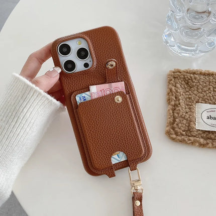 For iPhone 16 Pro Max Case Multi-Functional Card Slots Leather Back Cover with Wrist Strap