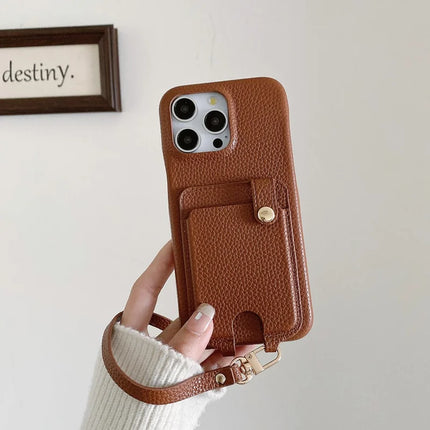 For iPhone 16 Pro Max Case Multi-Functional Card Slots Leather Back Cover with Wrist Strap