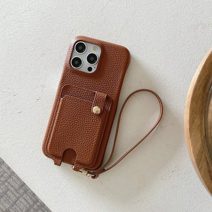 For iPhone 16 Pro Max Case Multi-Functional Card Slots Leather Back Cover with Wrist Strap