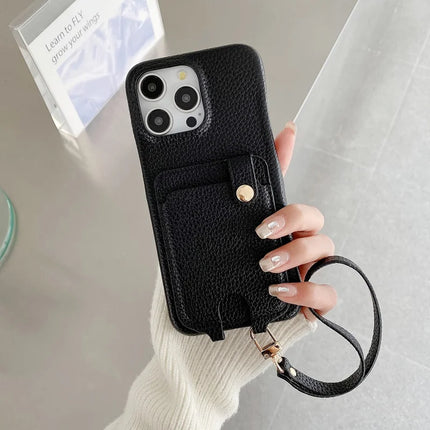 For iPhone 16 Pro Case Multi-Functional Card Slots Leather Back Cover with Wrist Strap