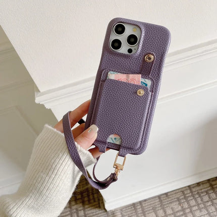 For iPhone 16 Pro Case Multi-Functional Card Slots Leather Back Cover with Wrist Strap