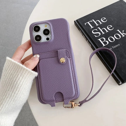 For iPhone 16 Pro Case Multi-Functional Card Slots Leather Back Cover with Wrist Strap