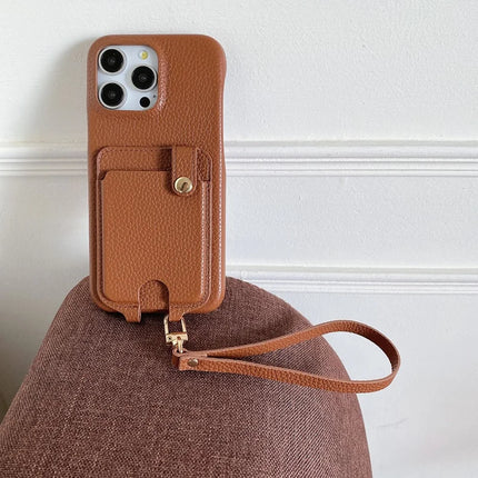 For iPhone 16 Pro Case Multi-Functional Card Slots Leather Back Cover with Wrist Strap