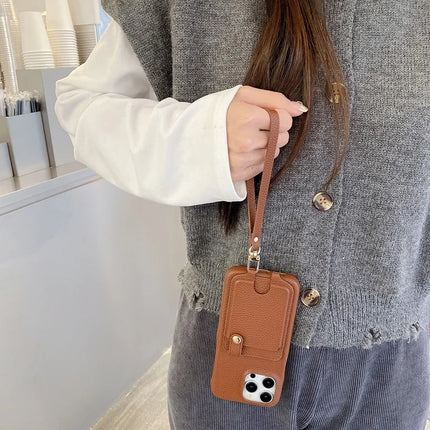 For iPhone 16 Pro Case Multi-Functional Card Slots Leather Back Cover with Wrist Strap