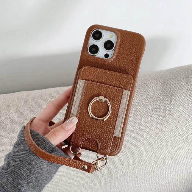 For iPhone 16 Pro Max Case Card Slots Kickstand PU Leather Back Cover with Ring Holder, Wrist Strap - Dark Brown