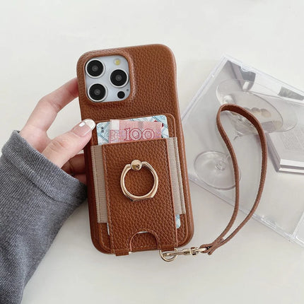 For iPhone 16 Pro Max Case Card Slots Kickstand PU Leather Back Cover with Ring Holder, Wrist Strap