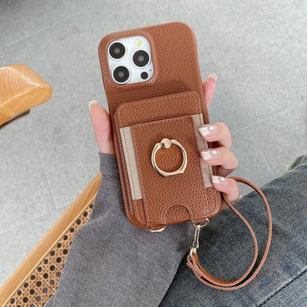 For iPhone 16 Pro Max Case Card Slots Kickstand PU Leather Back Cover with Ring Holder, Wrist Strap