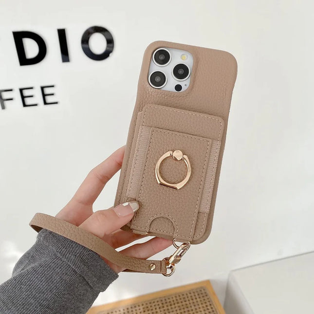 For iPhone 16 Pro Max Case Card Slots Kickstand PU Leather Back Cover with Ring Holder, Wrist Strap - Light Brown
