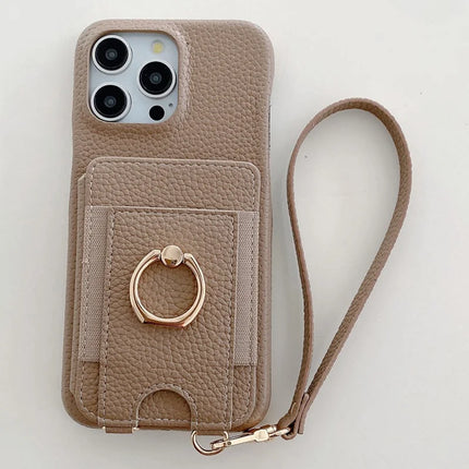 For iPhone 16 Pro Max Case Card Slots Kickstand PU Leather Back Cover with Ring Holder, Wrist Strap