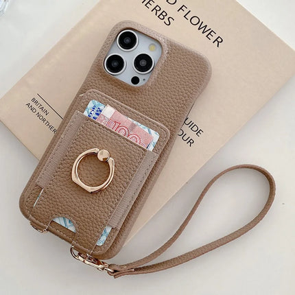 For iPhone 16 Pro Max Case Card Slots Kickstand PU Leather Back Cover with Ring Holder, Wrist Strap