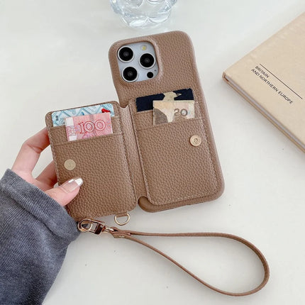 For iPhone 16 Pro Max Case Card Slots Kickstand PU Leather Back Cover with Ring Holder, Wrist Strap