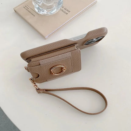 For iPhone 16 Pro Max Case Card Slots Kickstand PU Leather Back Cover with Ring Holder, Wrist Strap
