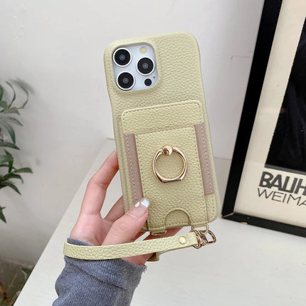 For iPhone 16 Pro Max Case Card Slots Kickstand PU Leather Back Cover with Ring Holder, Wrist Strap - Green