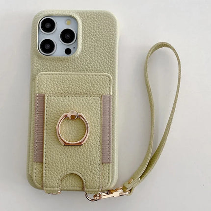 For iPhone 16 Pro Max Case Card Slots Kickstand PU Leather Back Cover with Ring Holder, Wrist Strap