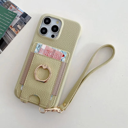 For iPhone 16 Pro Max Case Card Slots Kickstand PU Leather Back Cover with Ring Holder, Wrist Strap