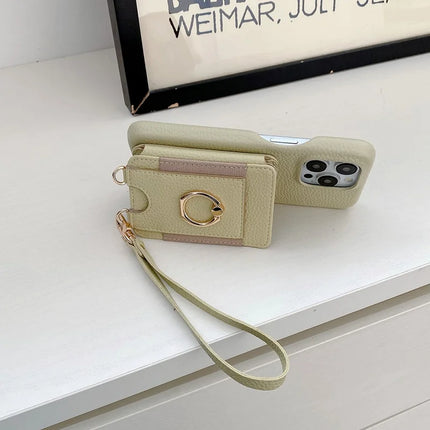 For iPhone 16 Pro Max Case Card Slots Kickstand PU Leather Back Cover with Ring Holder, Wrist Strap