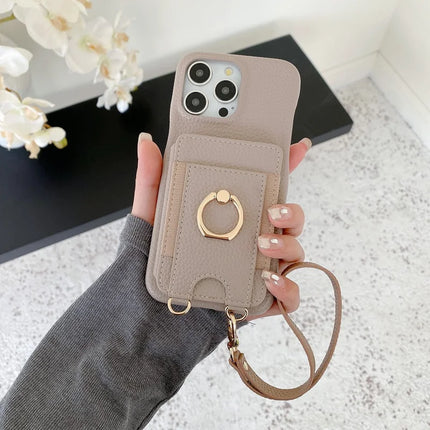For iPhone 16 Pro Max Case Card Slots Kickstand PU Leather Back Cover with Ring Holder, Wrist Strap - Grey