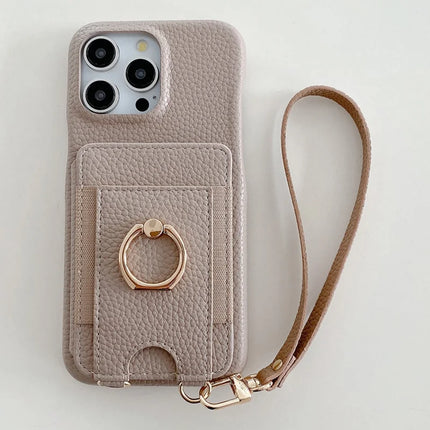 For iPhone 16 Pro Max Case Card Slots Kickstand PU Leather Back Cover with Ring Holder, Wrist Strap