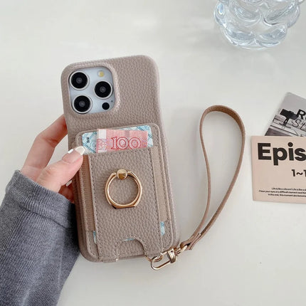 For iPhone 16 Pro Max Case Card Slots Kickstand PU Leather Back Cover with Ring Holder, Wrist Strap