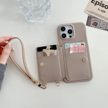 For iPhone 16 Pro Max Case Card Slots Kickstand PU Leather Back Cover with Ring Holder, Wrist Strap