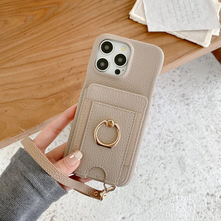 For iPhone 16 Pro Max Case Card Slots Kickstand PU Leather Back Cover with Ring Holder, Wrist Strap