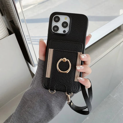 For iPhone 16 Pro Max Case Card Slots Kickstand PU Leather Back Cover with Ring Holder, Wrist Strap - Black