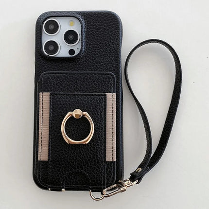 For iPhone 16 Pro Max Case Card Slots Kickstand PU Leather Back Cover with Ring Holder, Wrist Strap