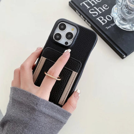 For iPhone 16 Pro Max Case Card Slots Kickstand PU Leather Back Cover with Ring Holder, Wrist Strap