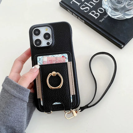 For iPhone 16 Pro Max Case Card Slots Kickstand PU Leather Back Cover with Ring Holder, Wrist Strap