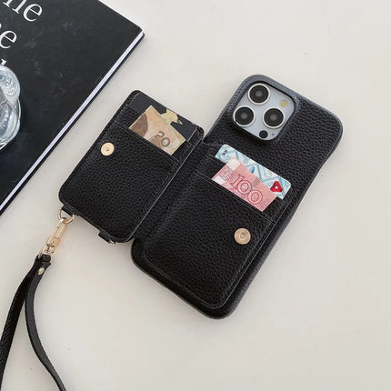 For iPhone 16 Pro Max Case Card Slots Kickstand PU Leather Back Cover with Ring Holder, Wrist Strap