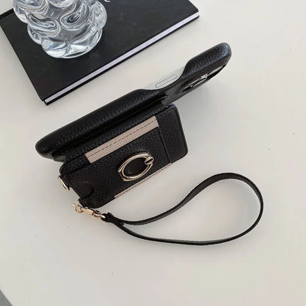 For iPhone 16 Pro Max Case Card Slots Kickstand PU Leather Back Cover with Ring Holder, Wrist Strap
