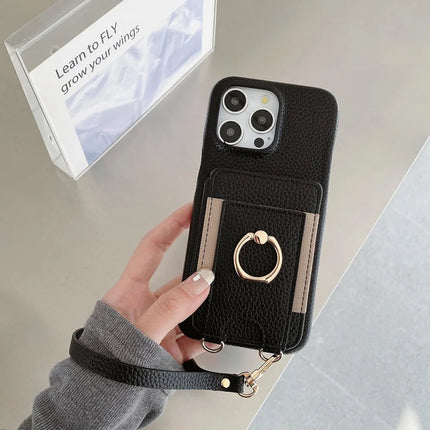 For iPhone 16 Pro Max Case Card Slots Kickstand PU Leather Back Cover with Ring Holder, Wrist Strap