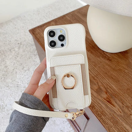 For iPhone 16 Pro Max Case Card Slots Kickstand PU Leather Back Cover with Ring Holder, Wrist Strap - White