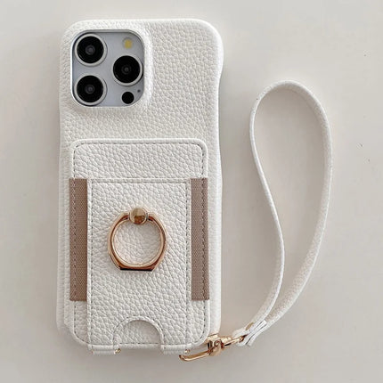 For iPhone 16 Pro Max Case Card Slots Kickstand PU Leather Back Cover with Ring Holder, Wrist Strap