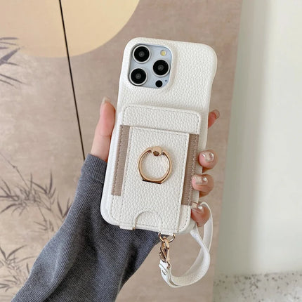 For iPhone 16 Pro Max Case Card Slots Kickstand PU Leather Back Cover with Ring Holder, Wrist Strap