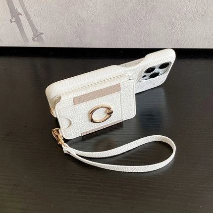 For iPhone 16 Pro Max Case Card Slots Kickstand PU Leather Back Cover with Ring Holder, Wrist Strap