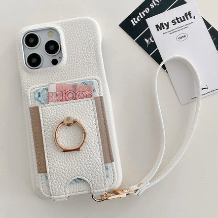 For iPhone 16 Pro Max Case Card Slots Kickstand PU Leather Back Cover with Ring Holder, Wrist Strap