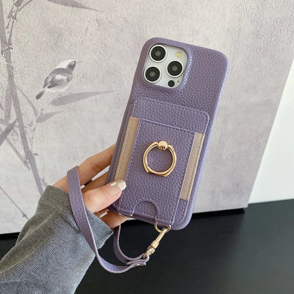 For iPhone 16 Pro Max Case Card Slots Kickstand PU Leather Back Cover with Ring Holder, Wrist Strap - Purple