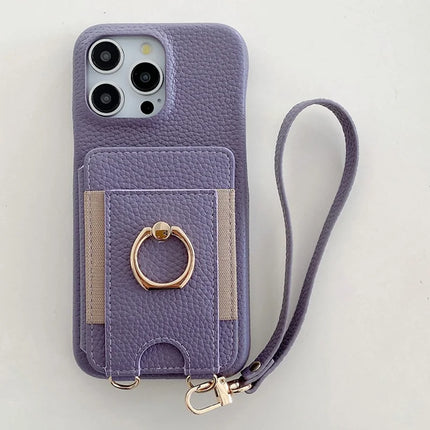 For iPhone 16 Pro Max Case Card Slots Kickstand PU Leather Back Cover with Ring Holder, Wrist Strap