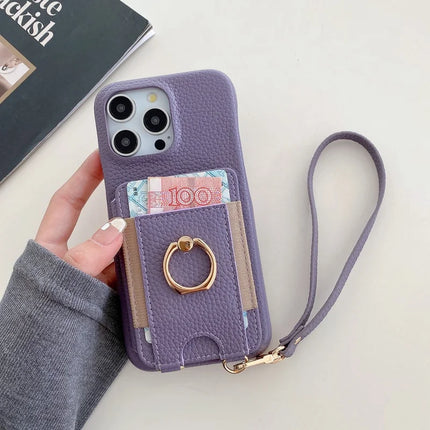 For iPhone 16 Pro Max Case Card Slots Kickstand PU Leather Back Cover with Ring Holder, Wrist Strap